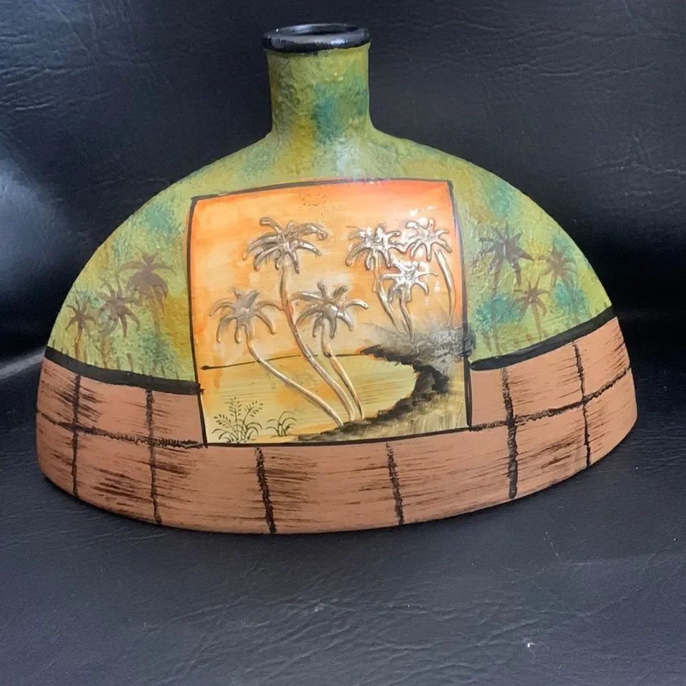 PalmTree Ceramic Vase Hand painted Gold Flaked Green Brown 13 X 8 1/2 Inch Tall